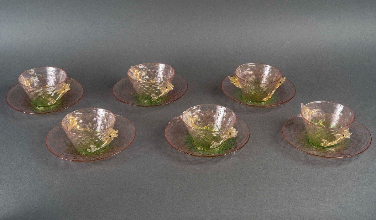 Salviati Dott.antonio 1875  Six Rince Doigt Et Six Sous Coupes Vertes et Roses aux Dauphins