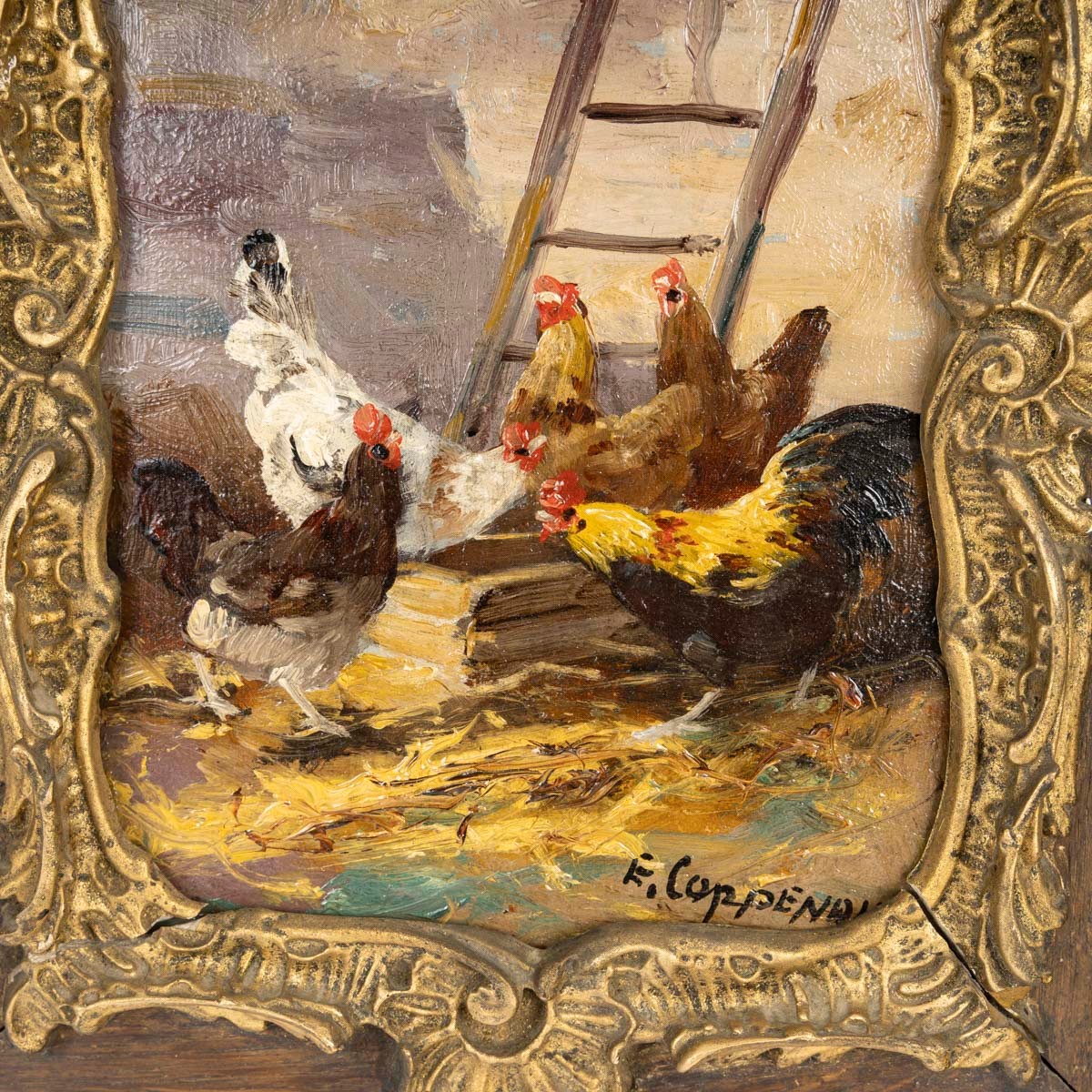Paire d'Huiles : Les Poulaillers   "edmond Van Coppenolle "1846/1914 -photo-3