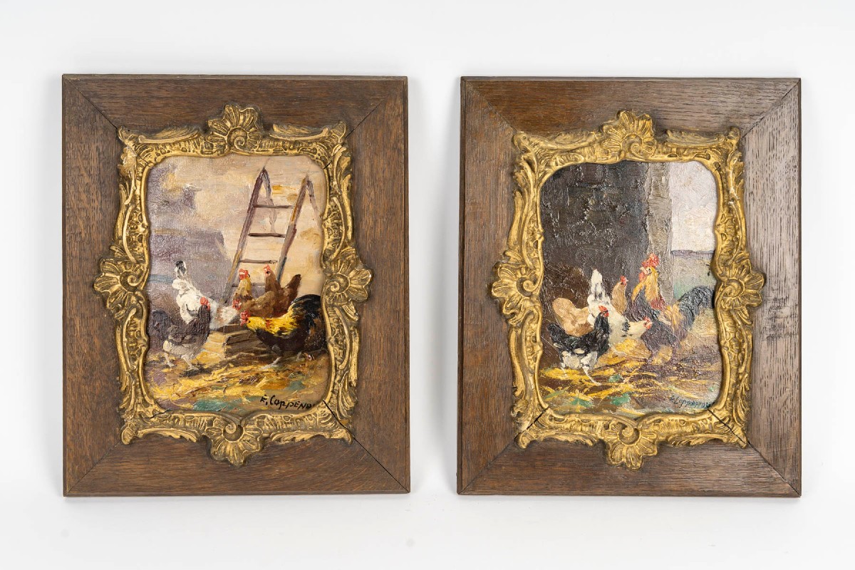 Paire d'Huiles : Les Poulaillers   "edmond Van Coppenolle "1846/1914 -photo-7
