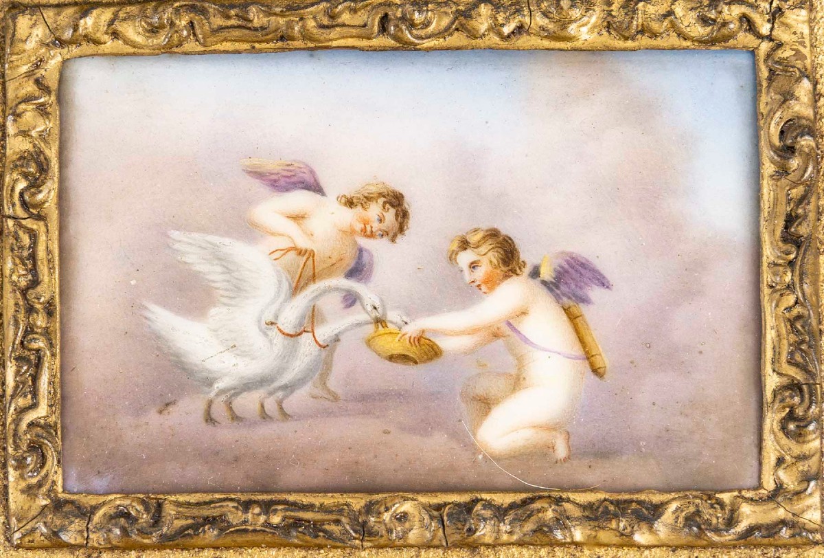 Peinture sur Porcelaine "deux Amours et deux Cygnes " autour de 1840-photo-2