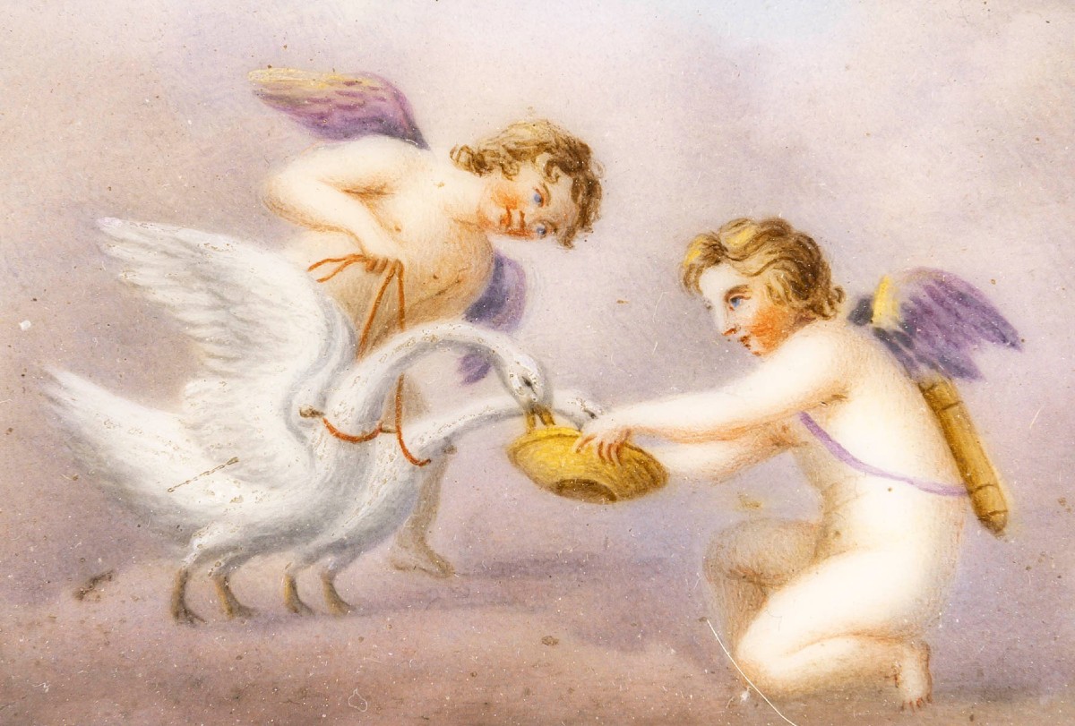 Peinture sur Porcelaine "deux Amours et deux Cygnes " autour de 1840-photo-3