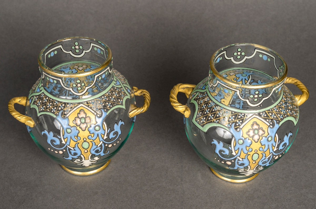 Pair Of Enamelled Vases "imberton" France 1880-photo-2