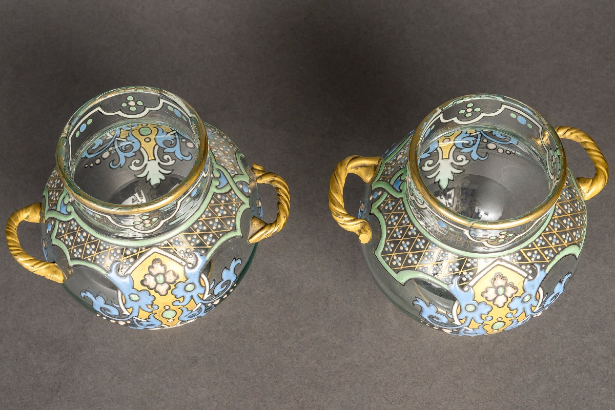 Pair Of Enamelled Vases "imberton" France 1880-photo-3