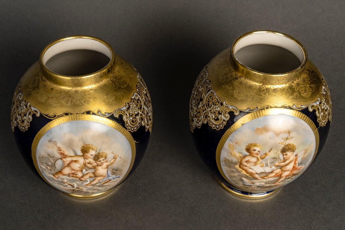 Pair Of Vases With Angels "sèvres Blue Porcelain" Enameled And Gilded-photo-2