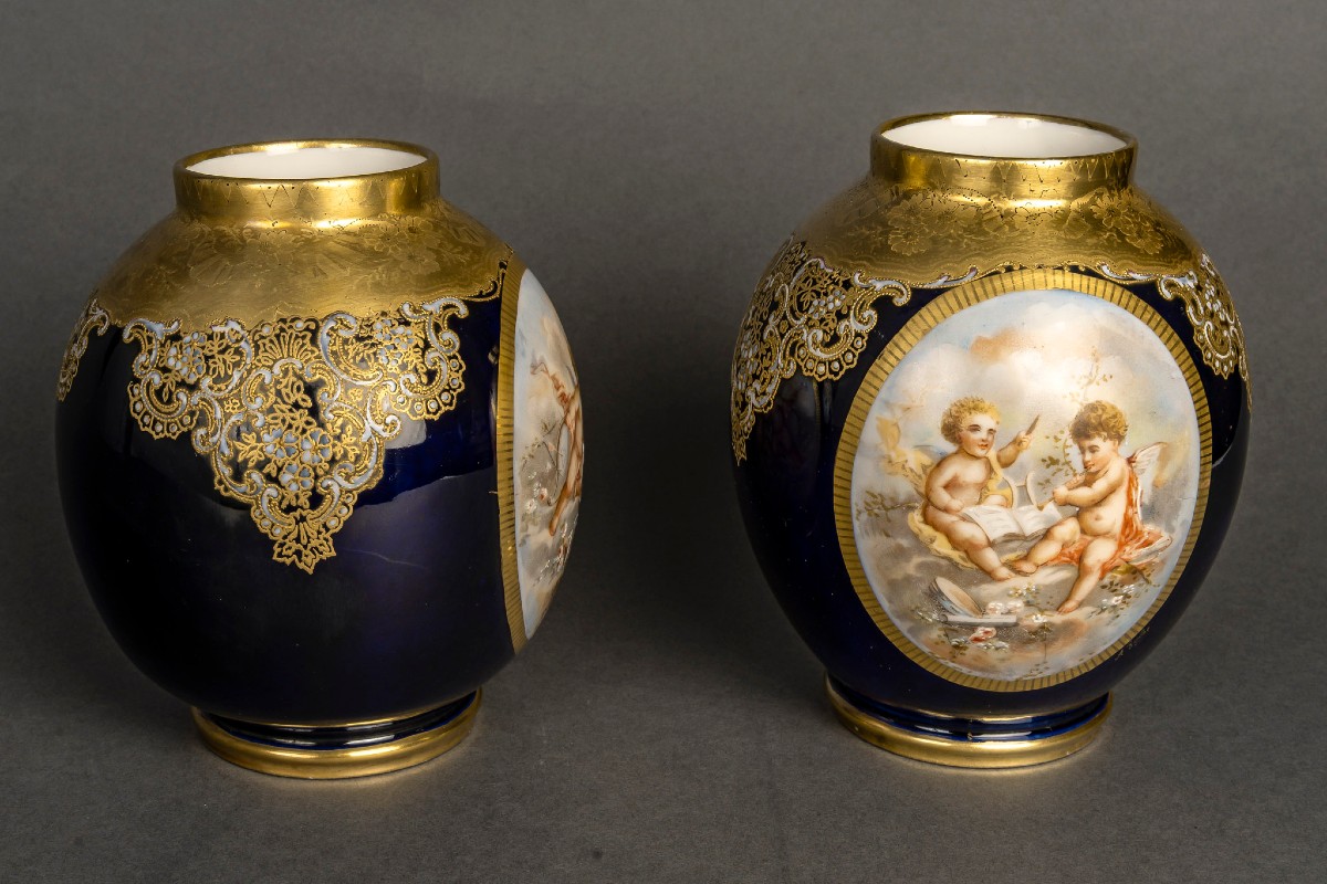 Pair Of Vases With Angels "sèvres Blue Porcelain" Enameled And Gilded-photo-3