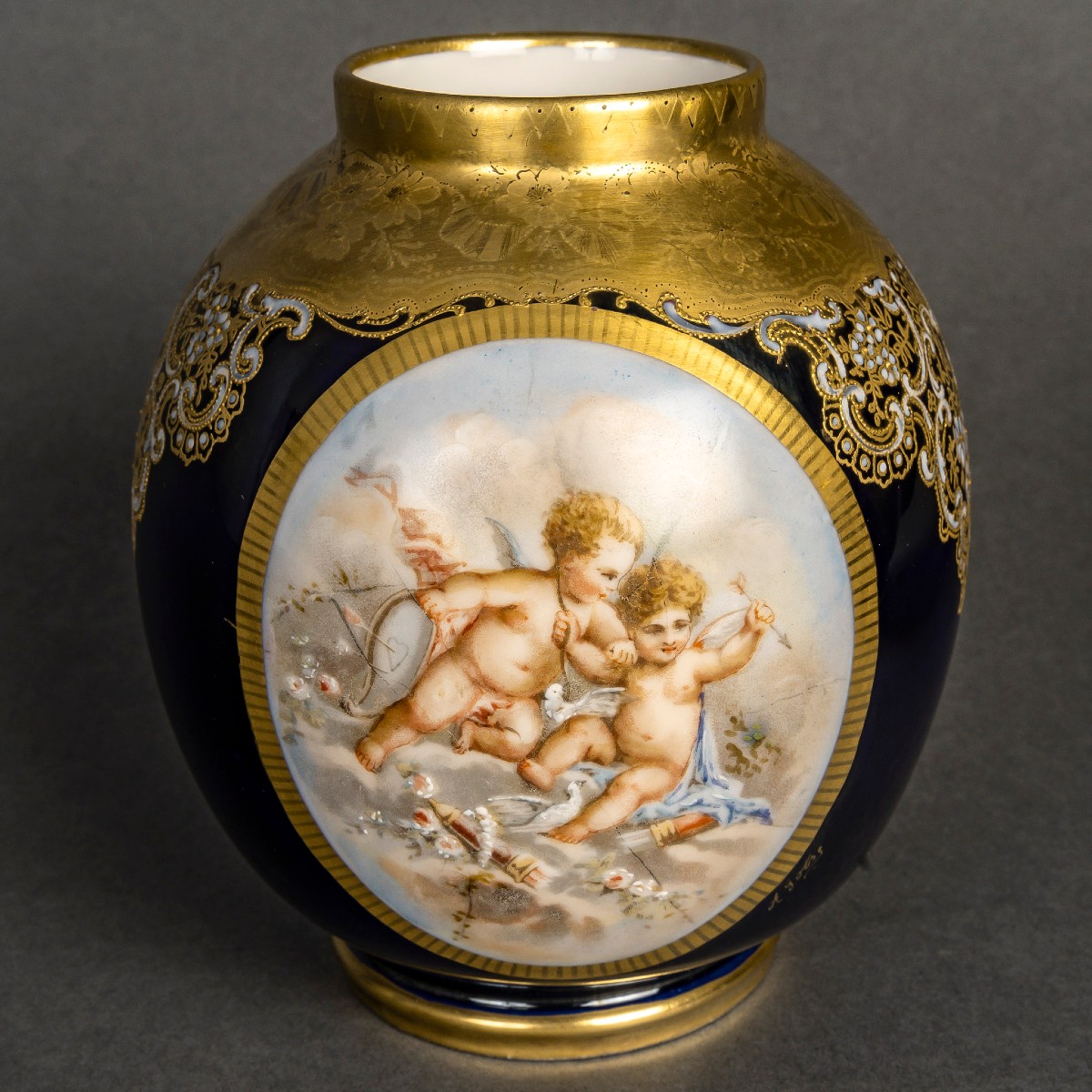 Pair Of Vases With Angels "sèvres Blue Porcelain" Enameled And Gilded-photo-2