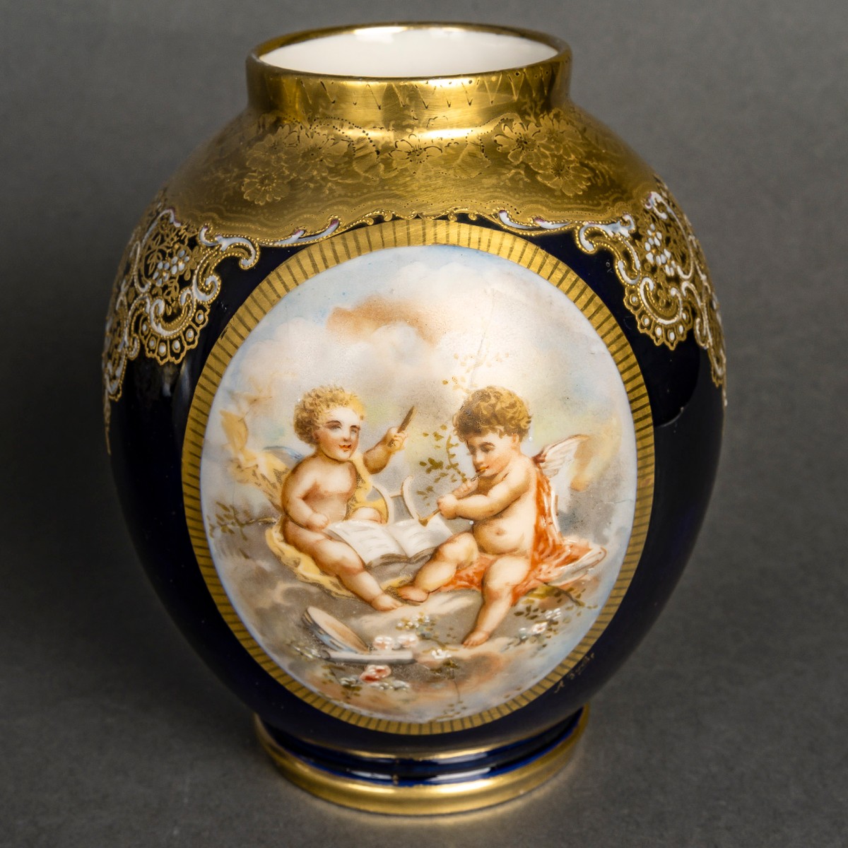 Pair Of Vases With Angels "sèvres Blue Porcelain" Enameled And Gilded-photo-3