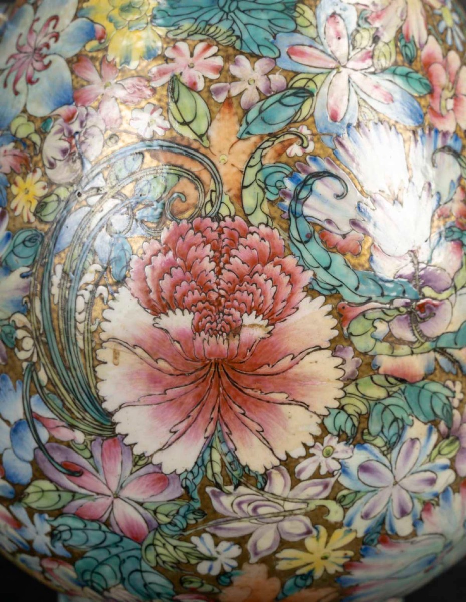 Large Thousand Flowers Vase With Two Blue Handles (mid-20th Century)-photo-2
