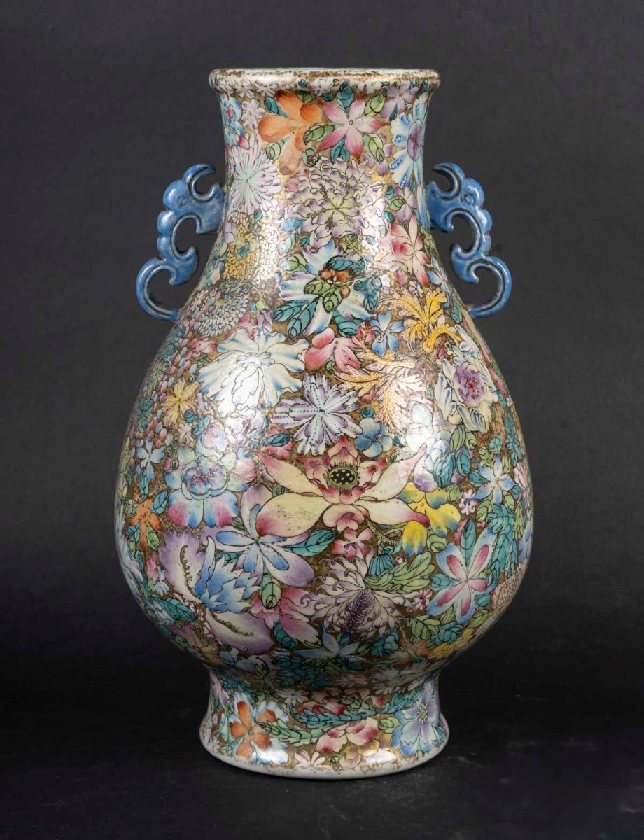 Large Thousand Flowers Vase With Two Blue Handles (mid-20th Century)-photo-4