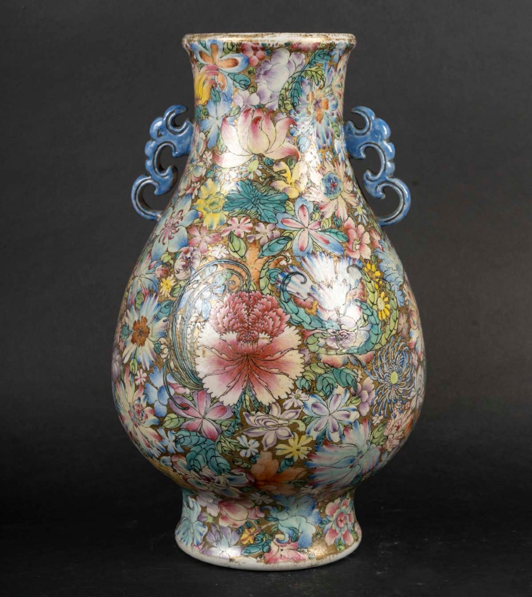 Large Thousand Flowers Vase With Two Blue Handles (mid-20th Century)