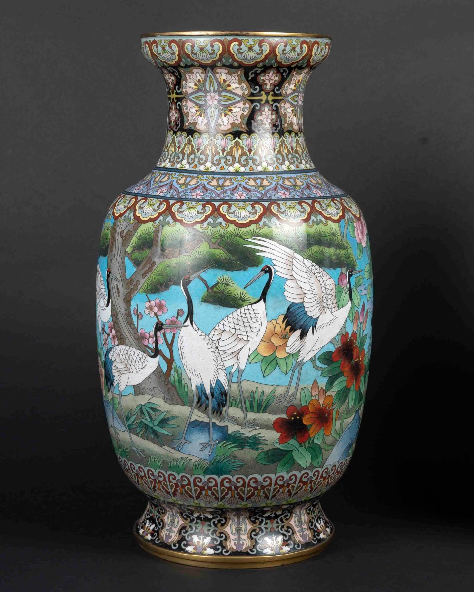 Paire de Grands Vases cloisonnés aux  "Grues "-photo-2