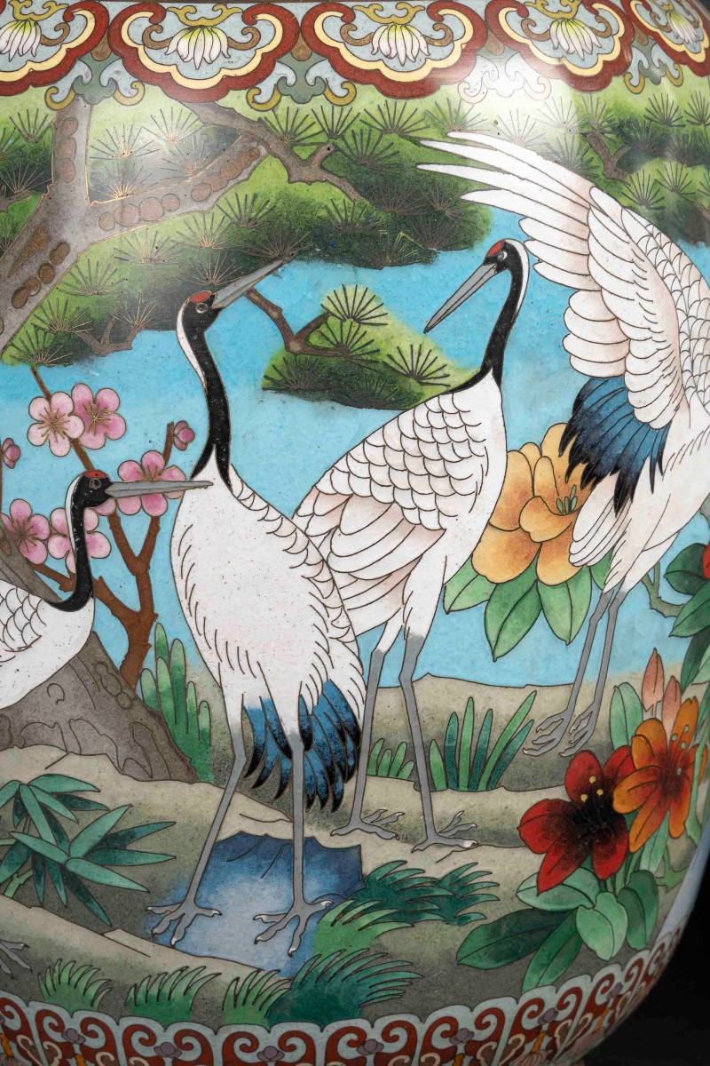 Paire de Grands Vases cloisonnés aux  "Grues "-photo-3