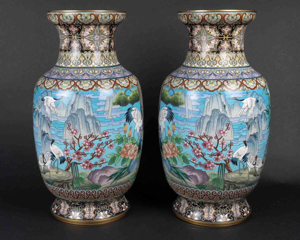 Paire de Grands Vases cloisonnés aux  "Grues "-photo-4