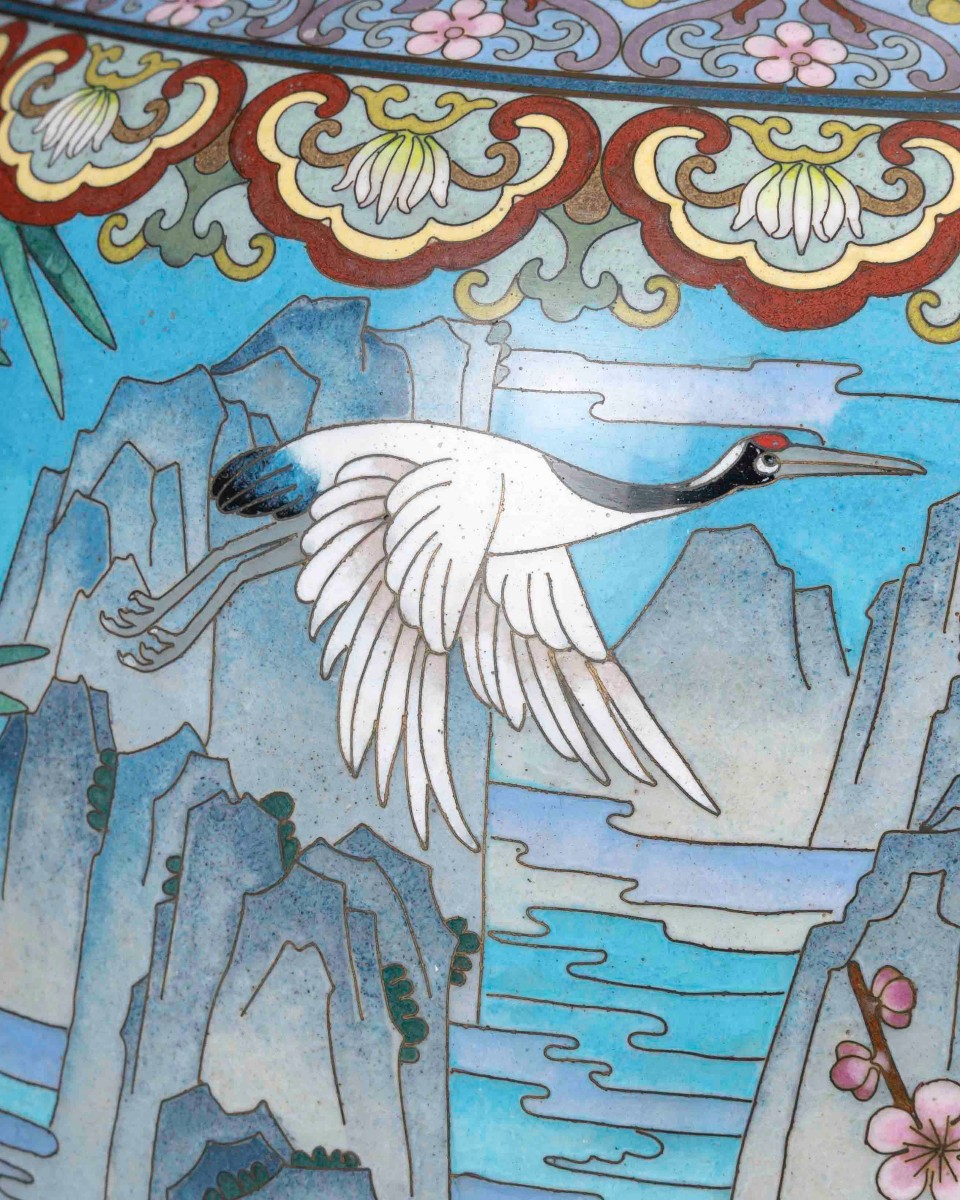 Paire de Grands Vases cloisonnés aux  "Grues "-photo-3