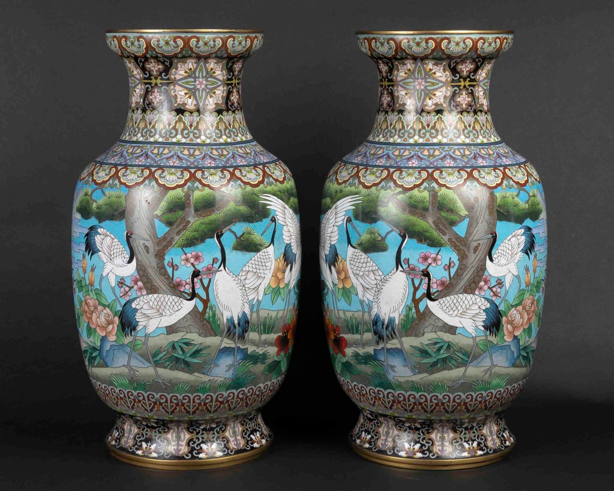 Paire de Grands Vases cloisonnés aux  "Grues "-photo-5