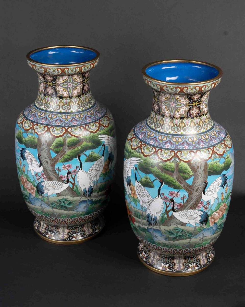 Paire de Grands Vases cloisonnés aux  "Grues "-photo-7