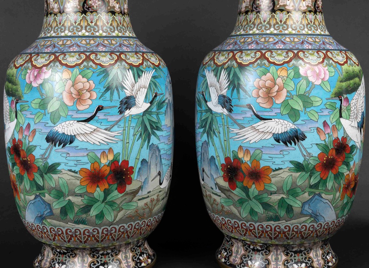 Paire de Grands Vases cloisonnés aux  "Grues "-photo-8