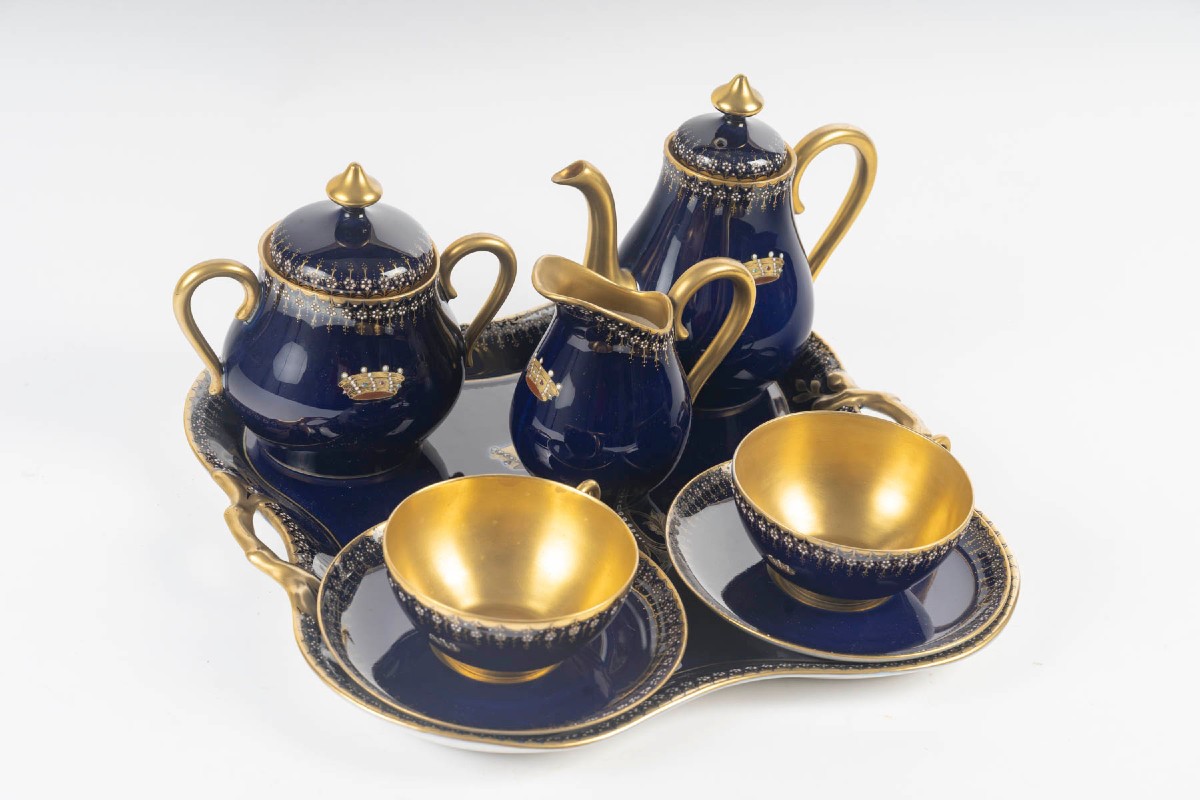 Tête à Tête Bleu De Sèvres Et Or Enamelé à Couronne De Baron "tours" 19th Century France-photo-2