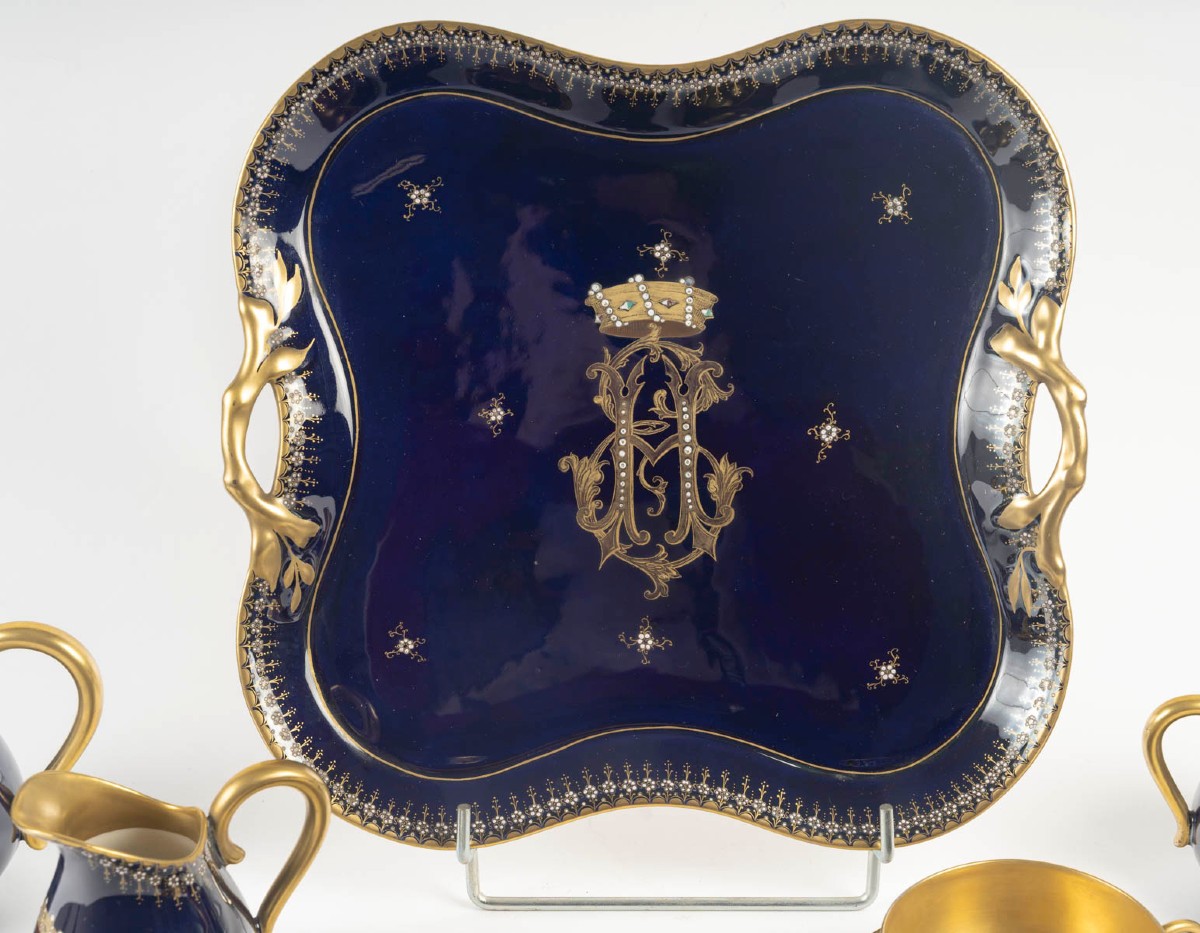 Tête à Tête Bleu De Sèvres Et Or Enamelé à Couronne De Baron "tours" 19th Century France-photo-3