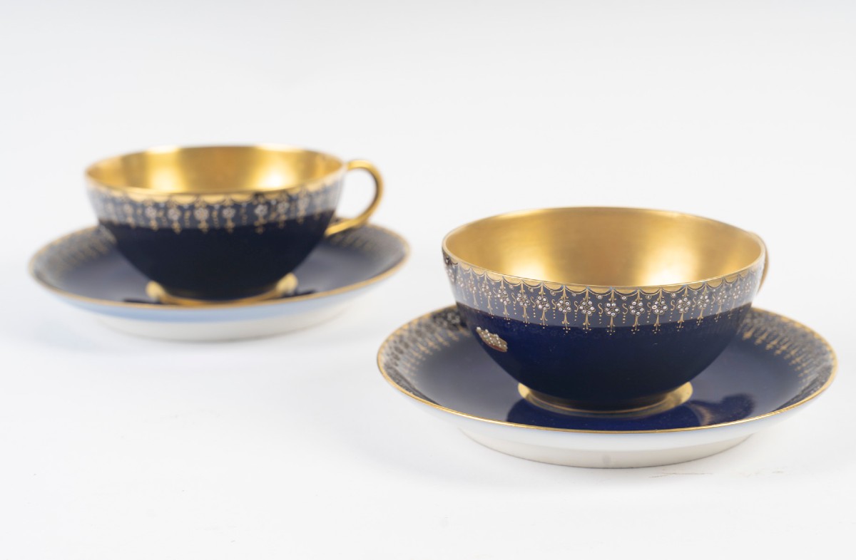 Tête à Tête Bleu De Sèvres Et Or Enamelé à Couronne De Baron "tours" 19th Century France-photo-2