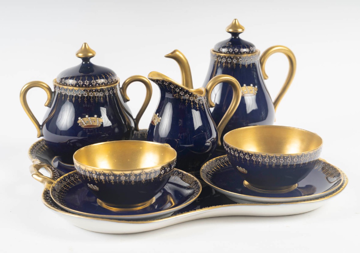 Tête à Tête Bleu De Sèvres Et Or Enamelé à Couronne De Baron "tours" 19th Century France-photo-8