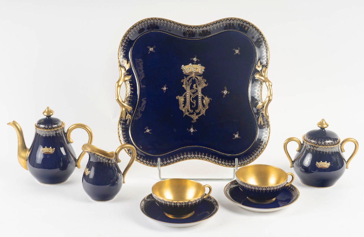 Tête à Tête Bleu De Sèvres Et Or Enamelé à Couronne De Baron "tours" 19th Century France
