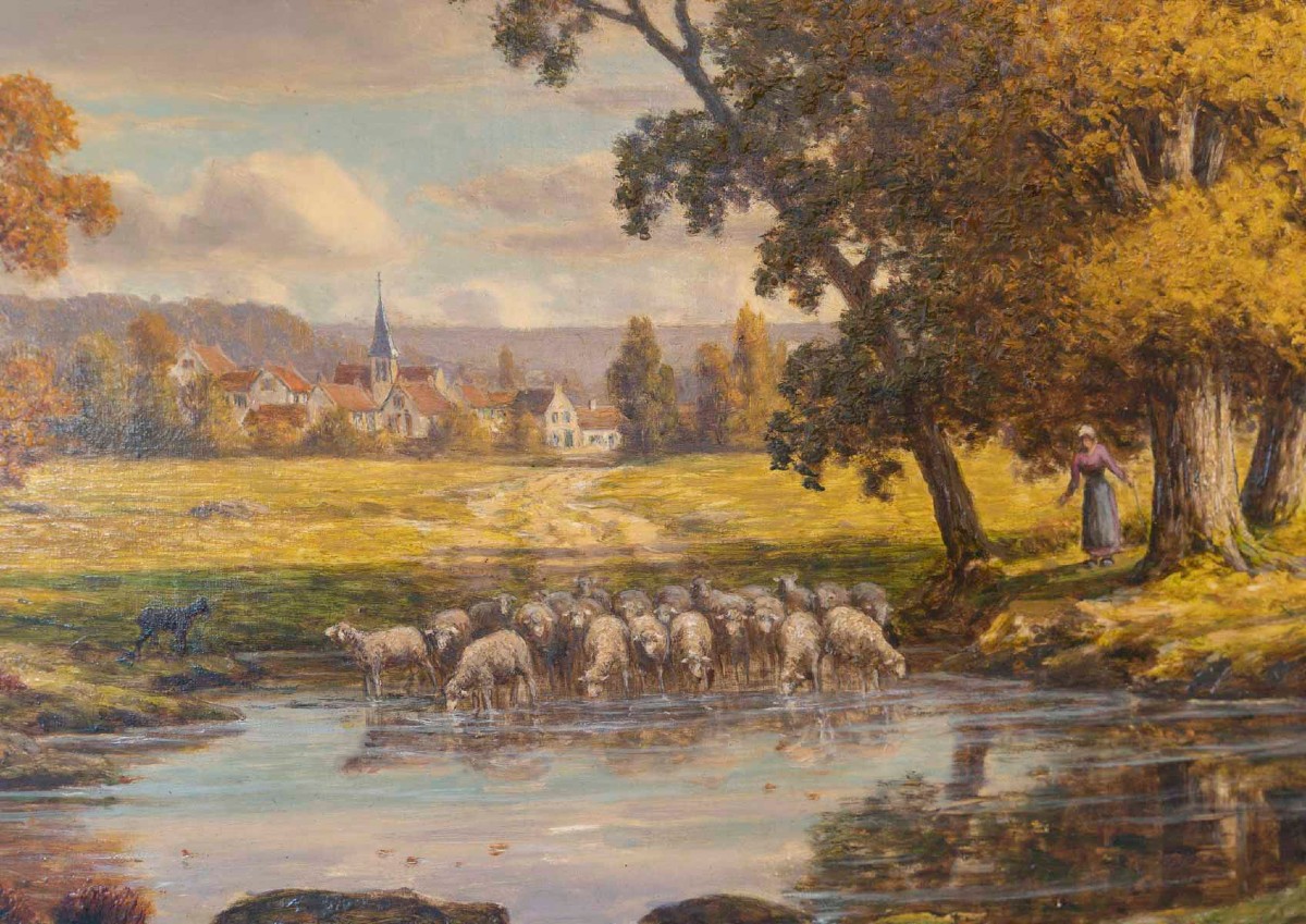 Adrien Schulz ( 1851/1931 )  "La Bergère et les Moutons à l'Etang "-photo-2