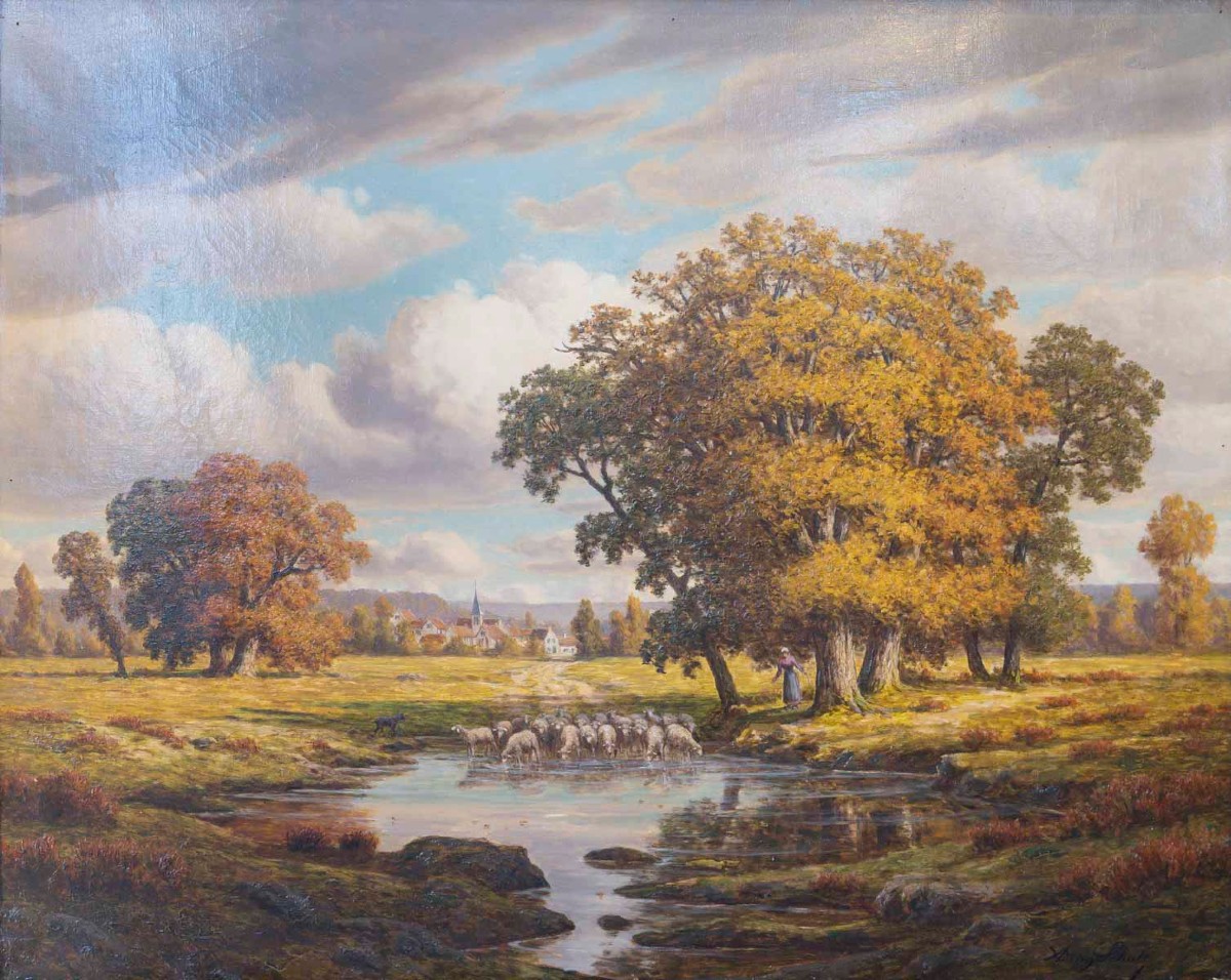 Adrien Schulz ( 1851/1931 )  "La Bergère et les Moutons à l'Etang "-photo-3