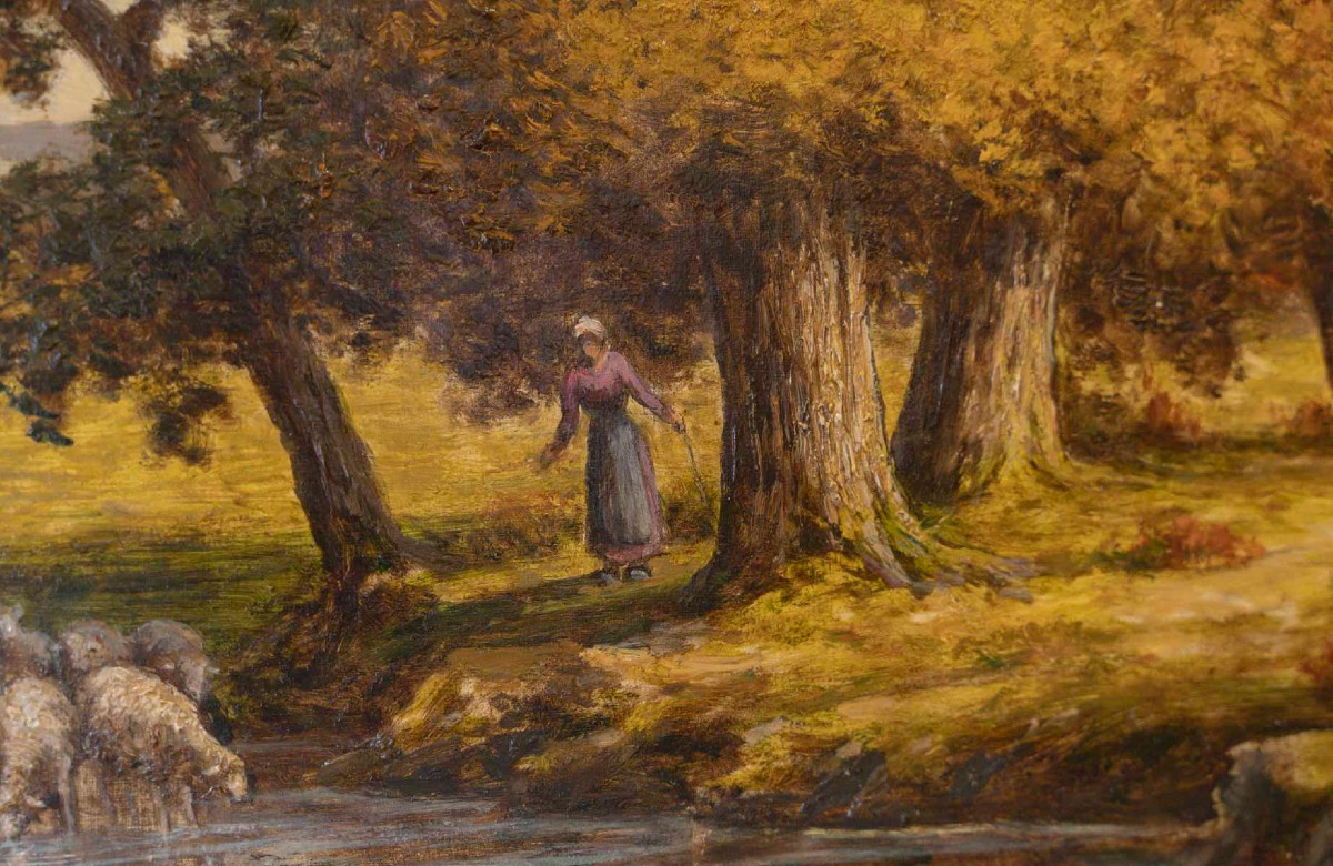 Adrien Schulz ( 1851/1931 )  "La Bergère et les Moutons à l'Etang "-photo-2