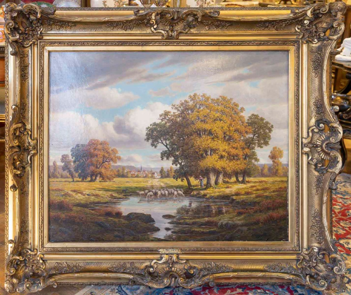 Adrien Schulz ( 1851/1931 )  "La Bergère et les Moutons à l'Etang "-photo-6