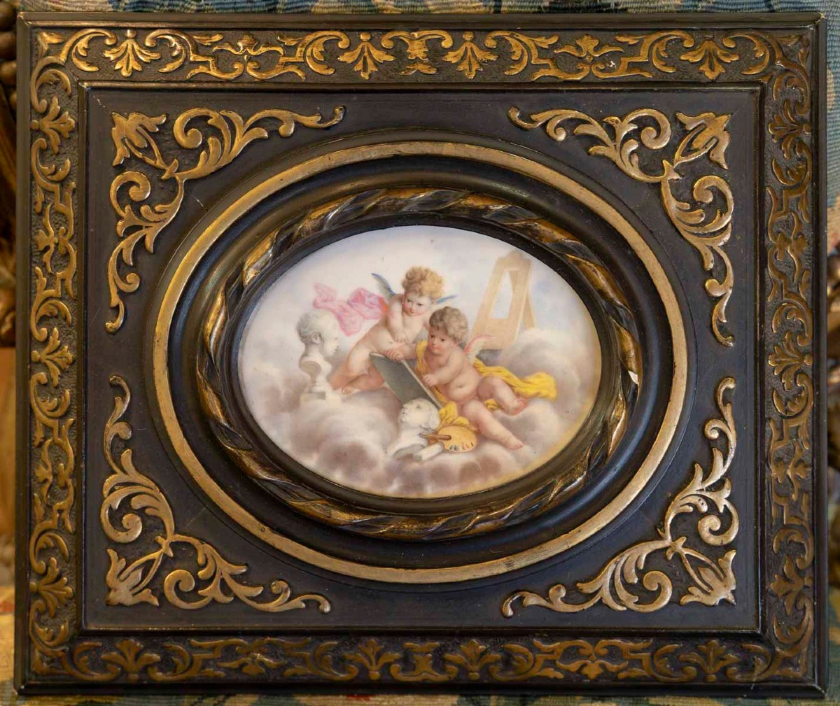Two Putti On Porcelain With Attributes Of The Arts-photo-2