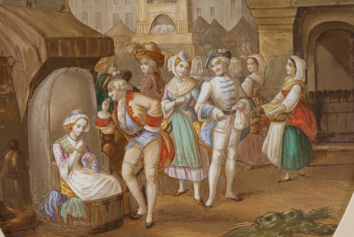 Paire de Tableaux peinture sur porcelaine " Scènes du Moyen Age "-photo-4