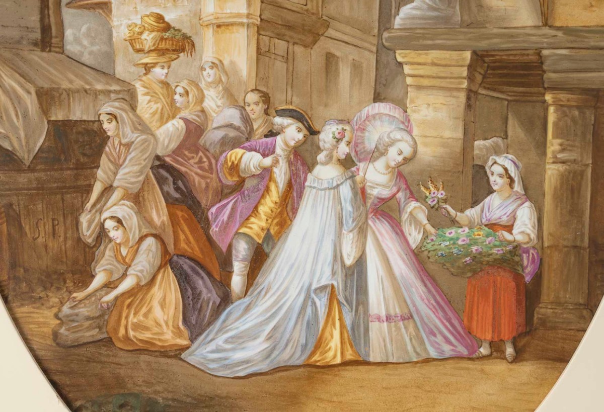 Paire de Tableaux peinture sur porcelaine " Scènes du Moyen Age "-photo-1