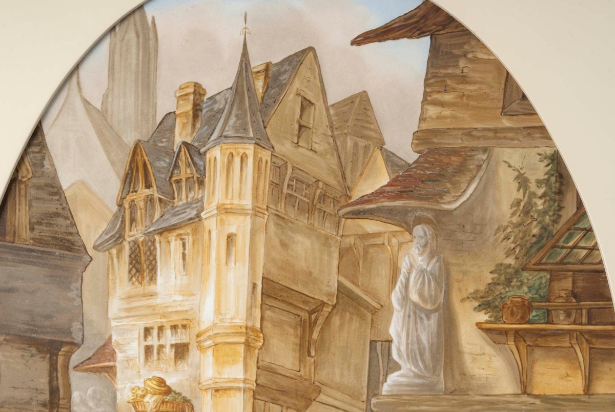 Paire de Tableaux peinture sur porcelaine " Scènes du Moyen Age "-photo-3