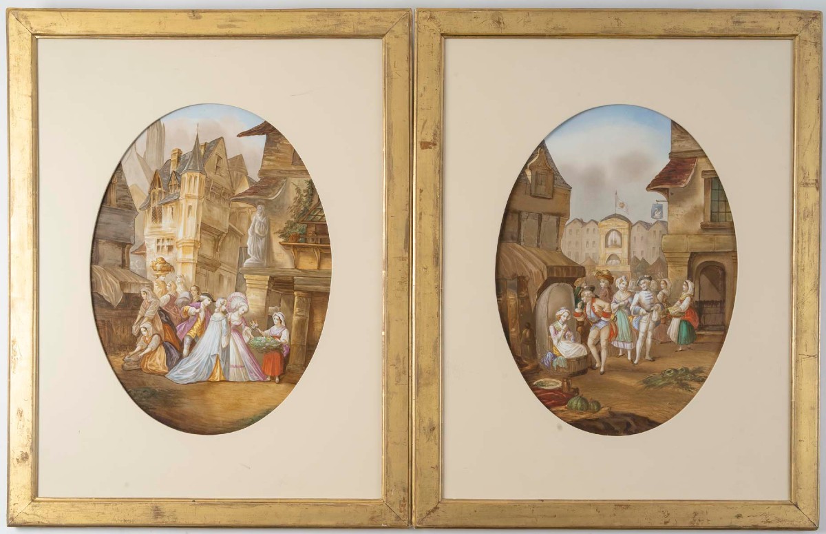 Paire de Tableaux peinture sur porcelaine " Scènes du Moyen Age "
