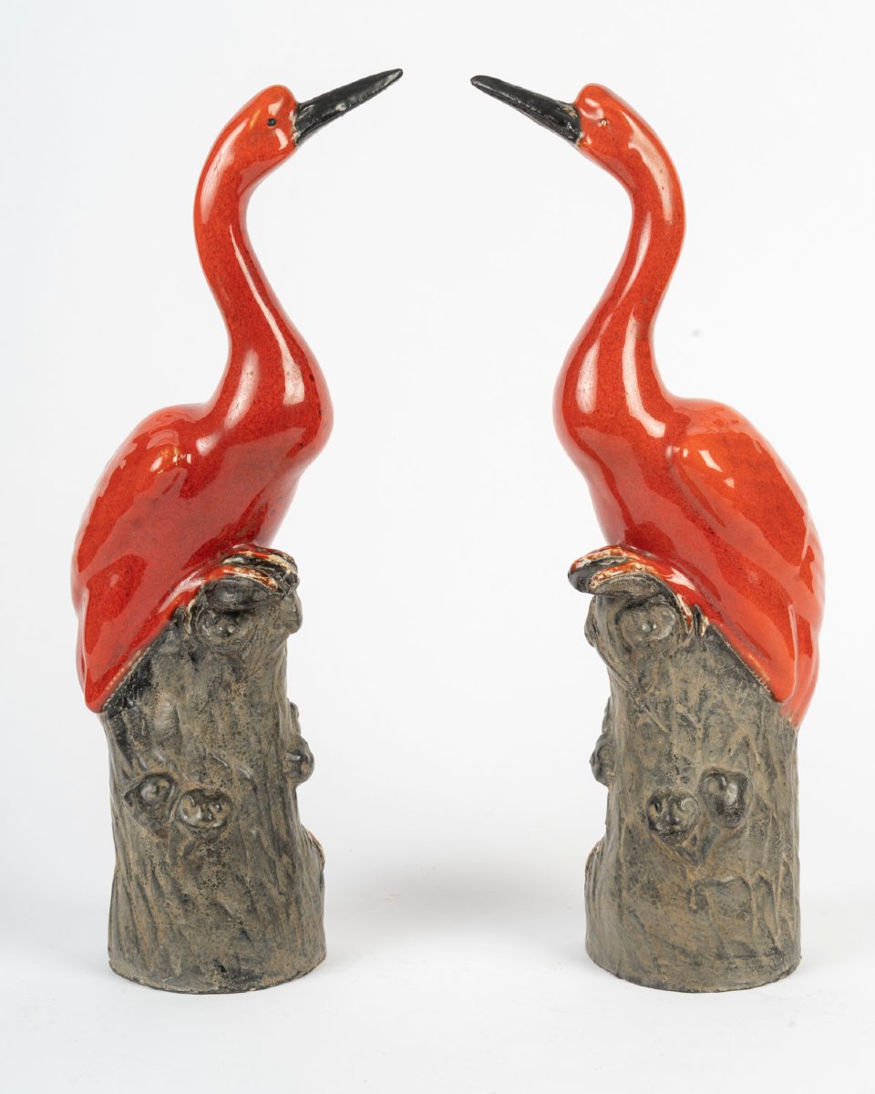 Pair Of Red Cranes Made Of Glazed Stoneware  -photo-2