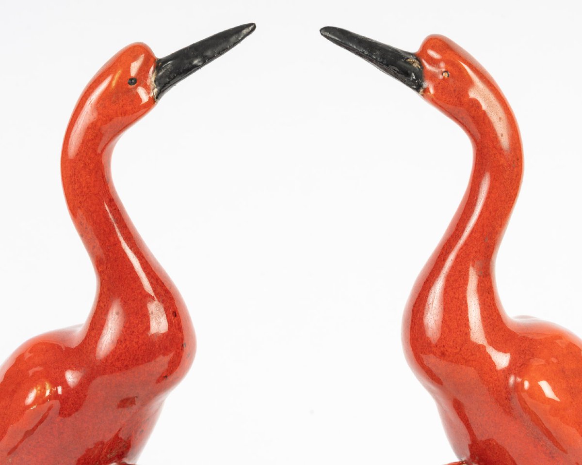 Pair Of Red Cranes Made Of Glazed Stoneware  -photo-3