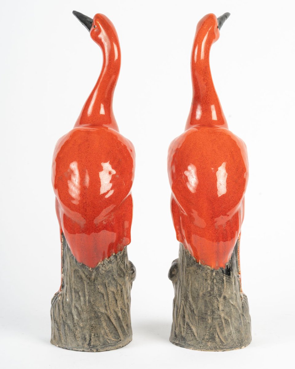 Pair Of Red Cranes Made Of Glazed Stoneware  -photo-4