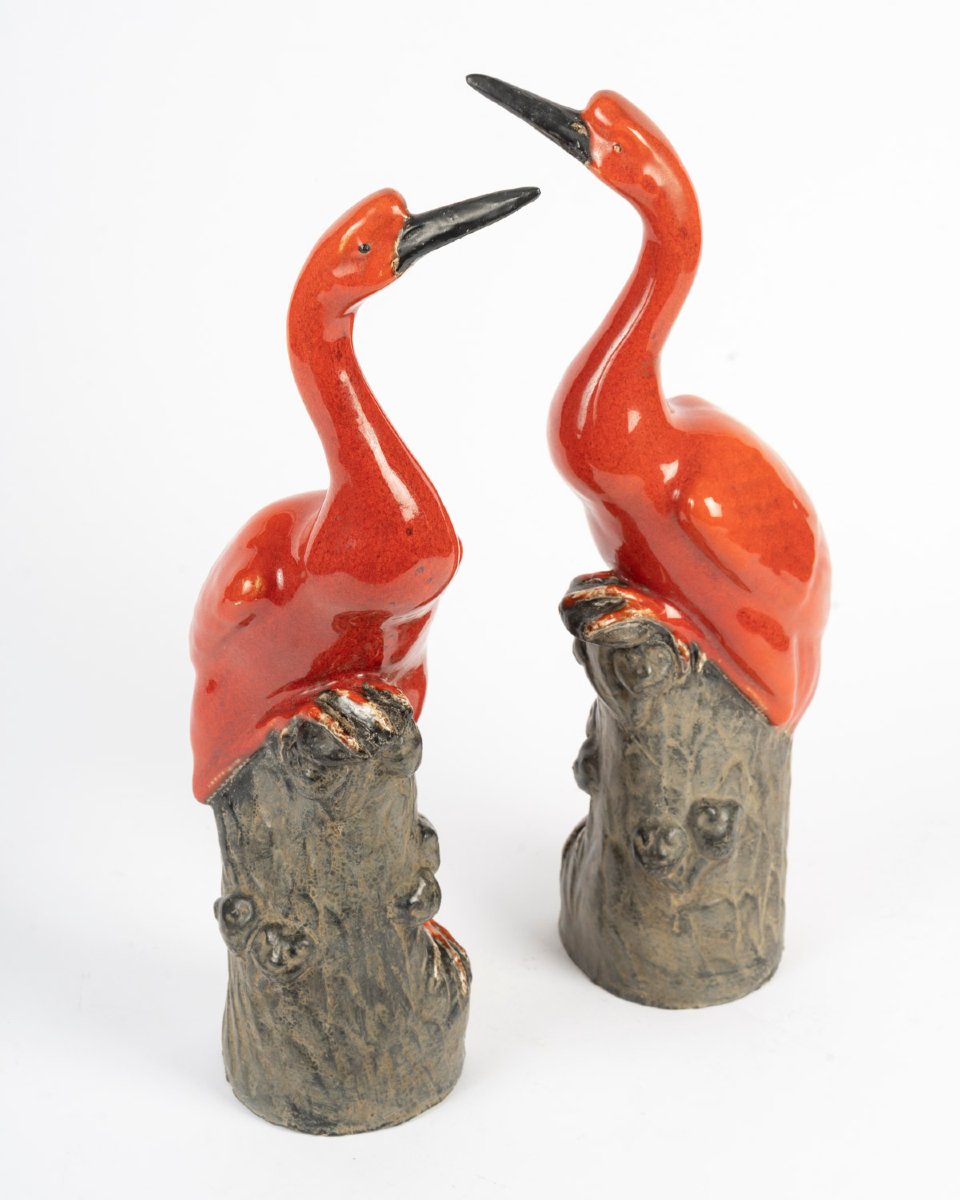 Pair Of Red Cranes Made Of Glazed Stoneware  