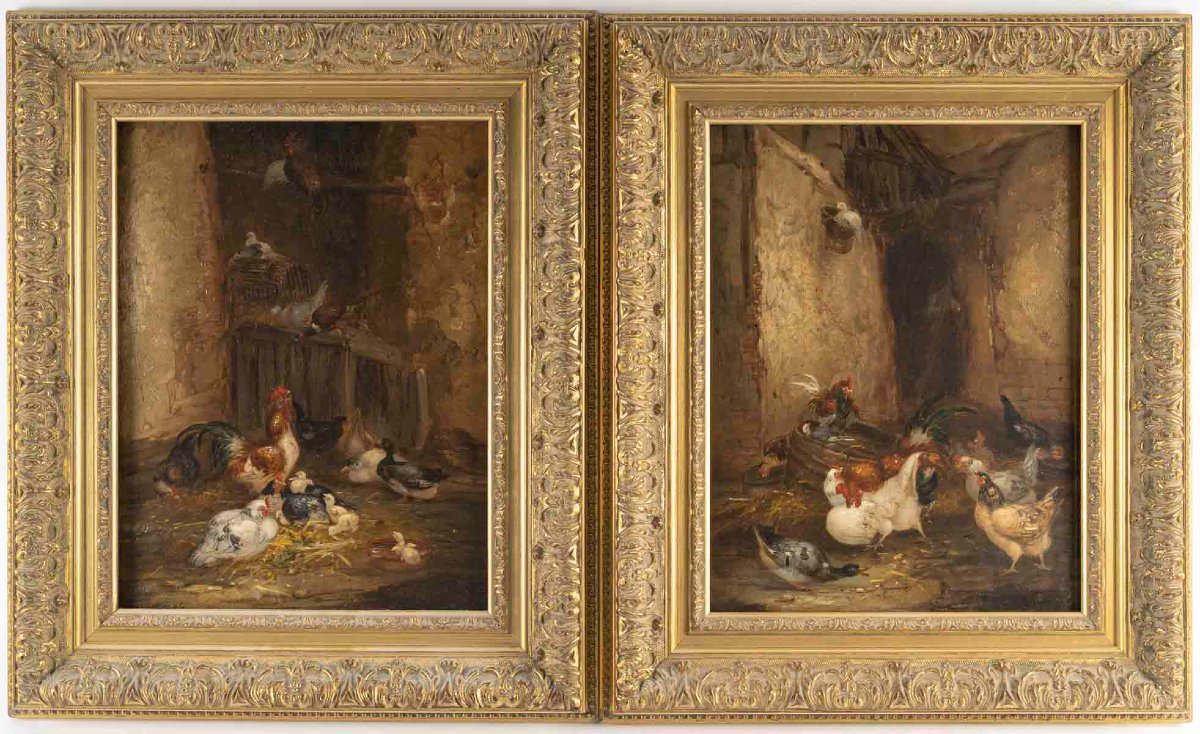 Paire de tableaux "Claude Guilleminet  1821/1885 "Scènes de Basse - cour