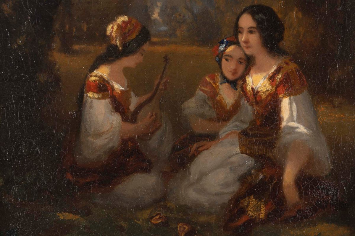 Three Women Seated In A Garden; Oil On Canvas; 19th Century-photo-2