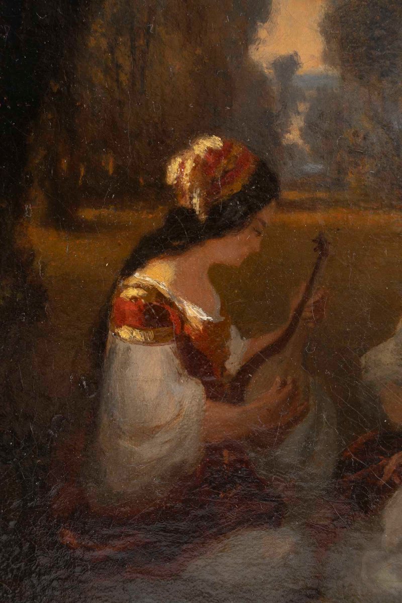 Three Women Seated In A Garden; Oil On Canvas; 19th Century-photo-1