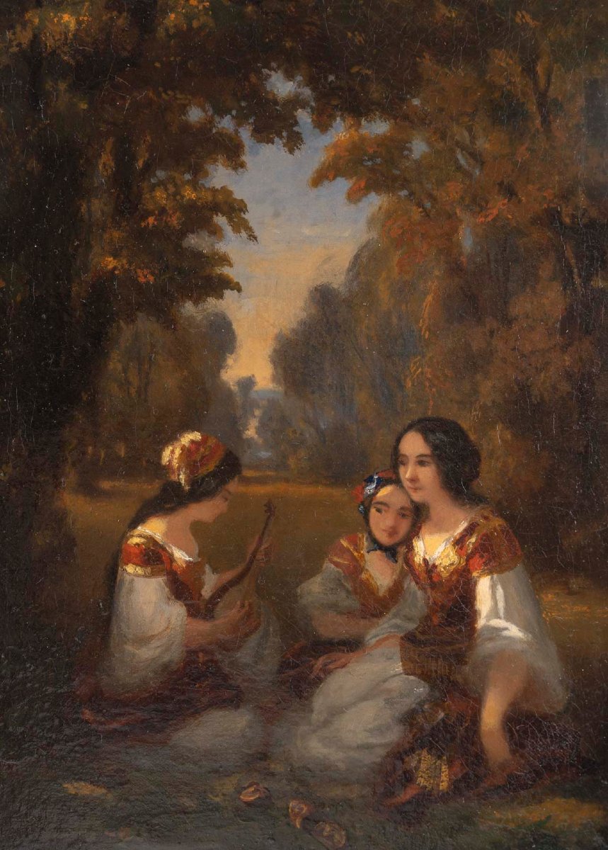 Three Women Seated In A Garden; Oil On Canvas; 19th Century-photo-3