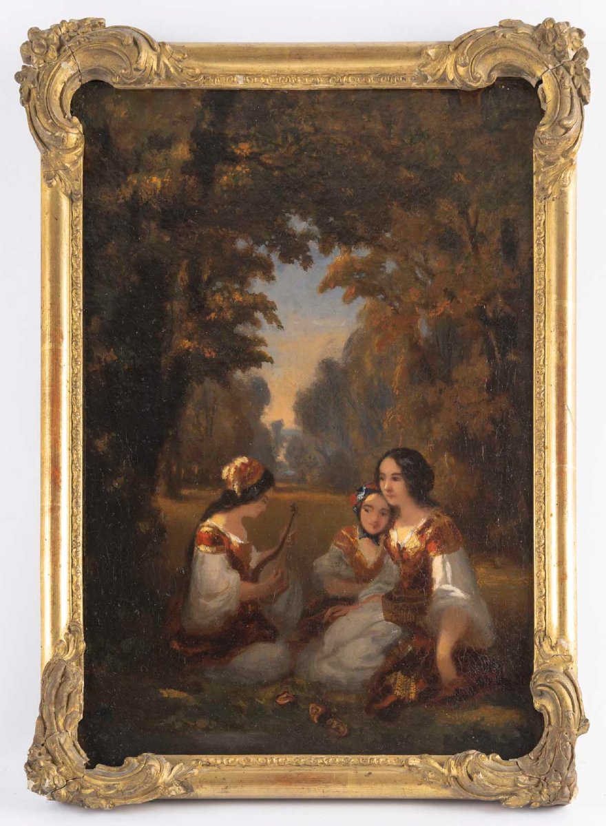 Three Women Seated In A Garden; Oil On Canvas; 19th Century-photo-4