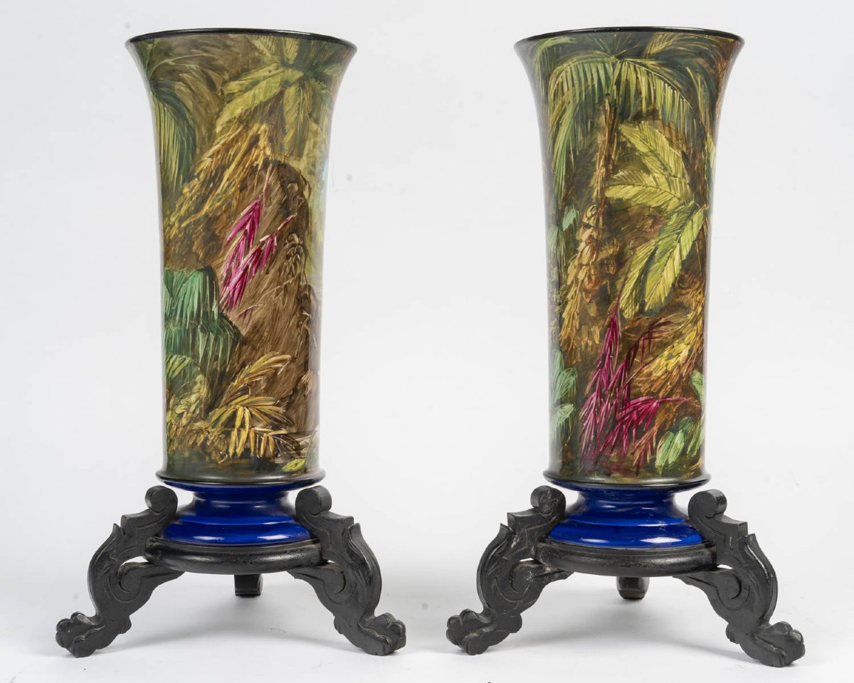 Paire de Vases Cornet aux Echassiers roses ( France 1875 par HOURY )-photo-2