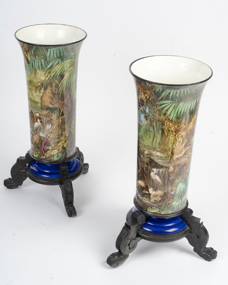 Paire de Vases Cornet aux Echassiers roses ( France 1875 par HOURY )-photo-3