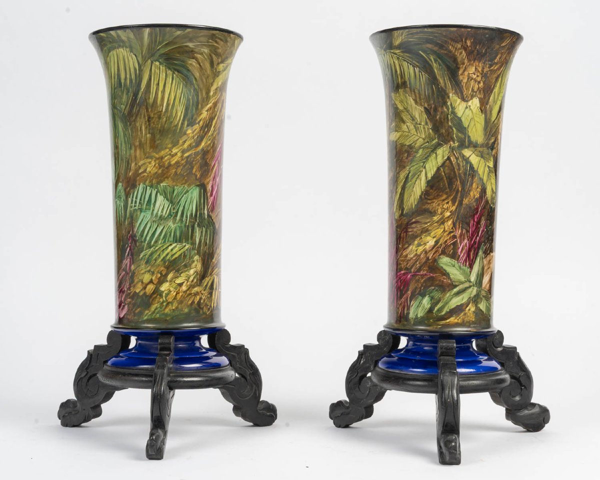 Paire de Vases Cornet aux Echassiers roses ( France 1875 par HOURY )-photo-4