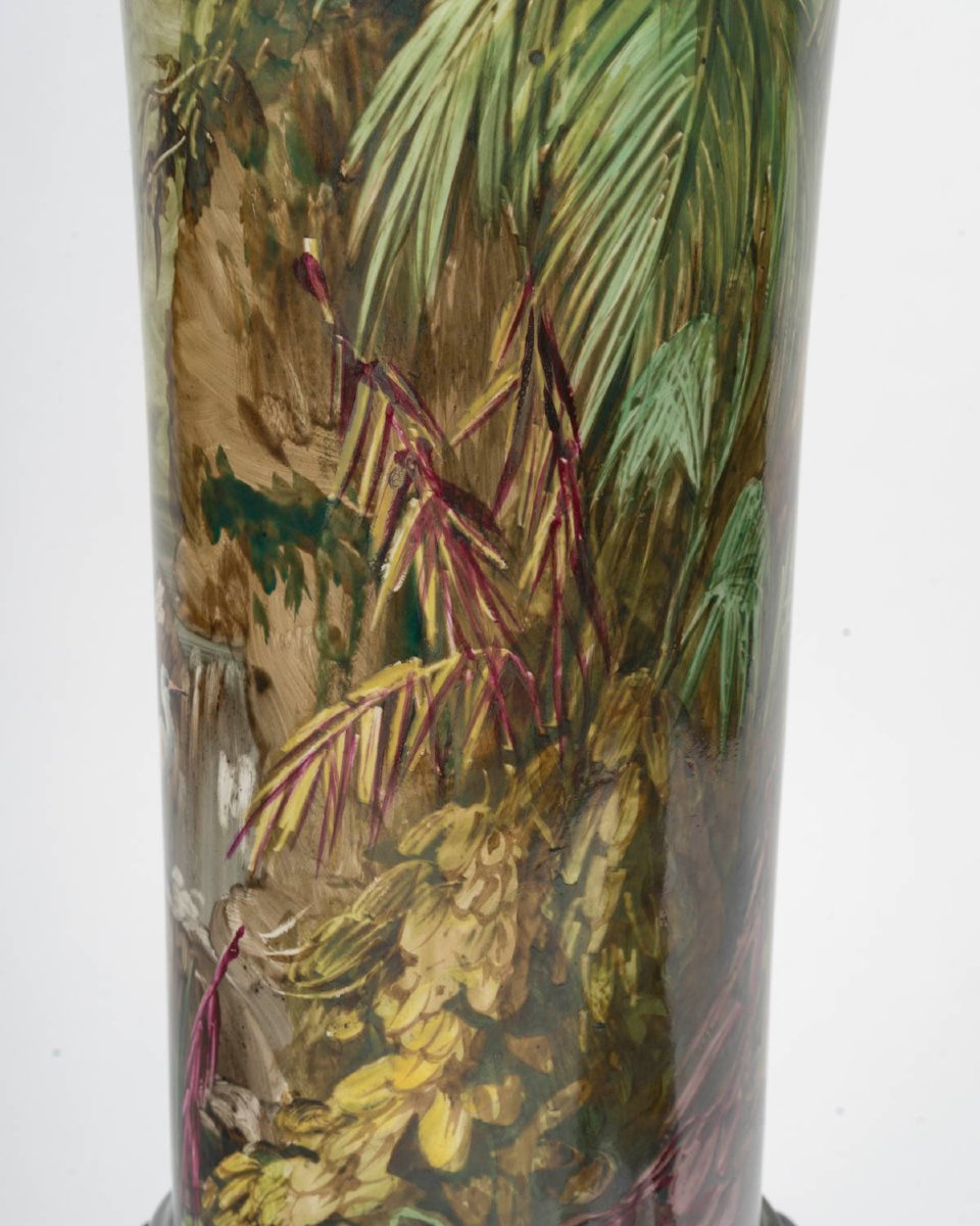 Paire de Vases Cornet aux Echassiers roses ( France 1875 par HOURY )-photo-2
