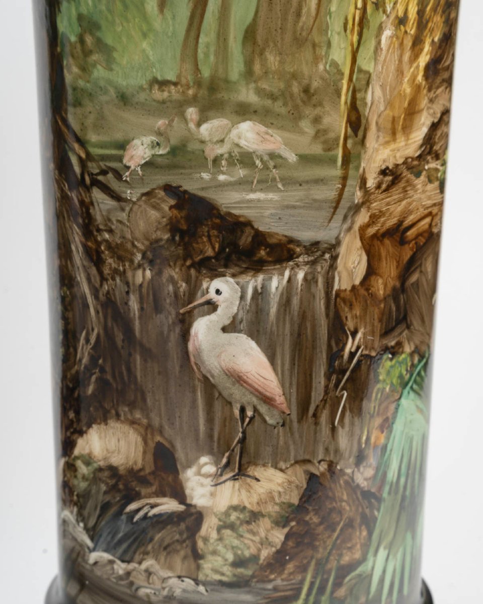 Paire de Vases Cornet aux Echassiers roses ( France 1875 par HOURY )-photo-3