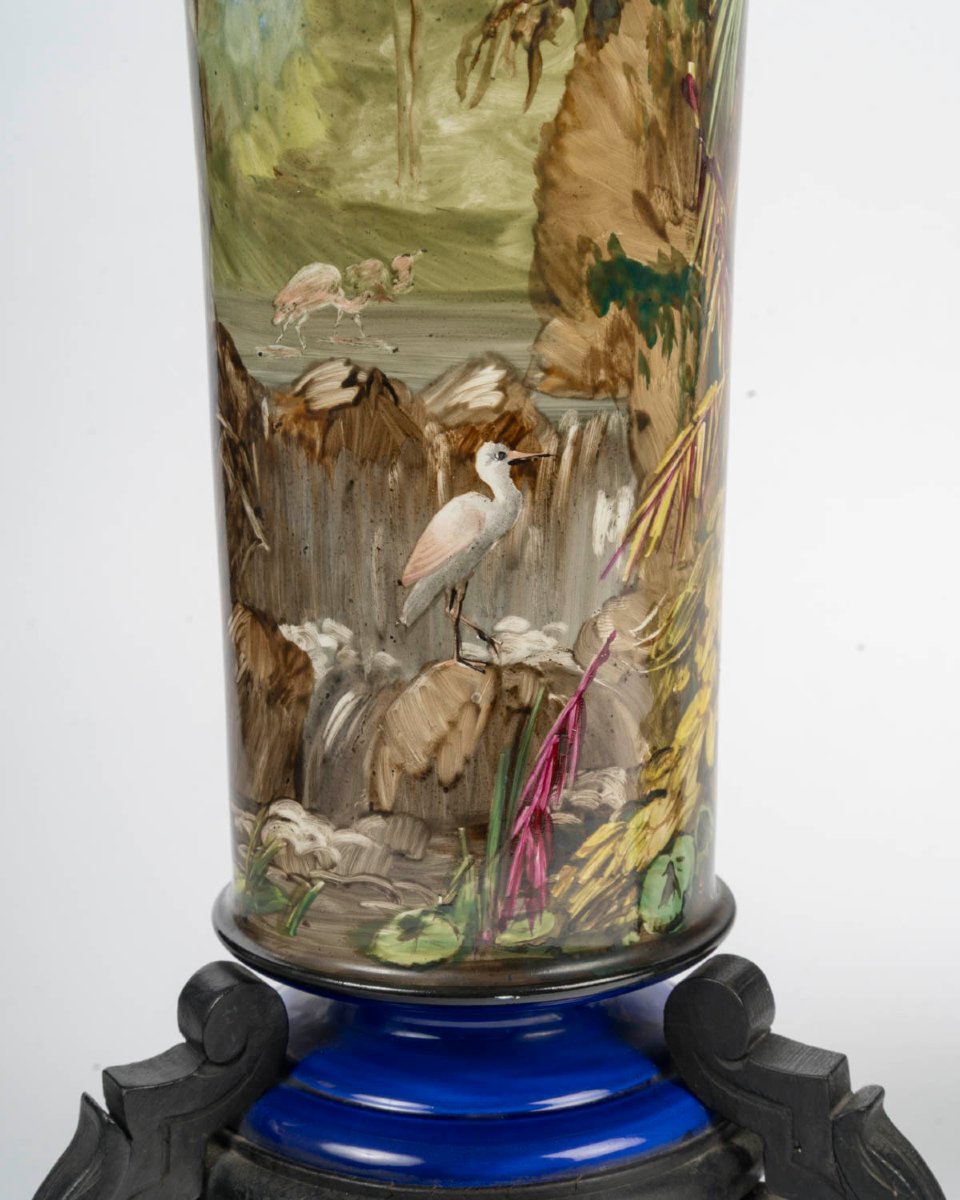 Paire de Vases Cornet aux Echassiers roses ( France 1875 par HOURY )-photo-5